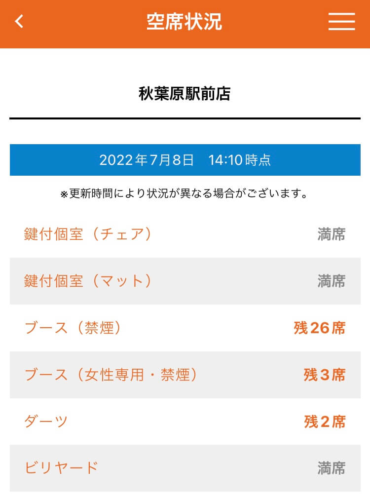 店舗ごとに残席数が確認できます