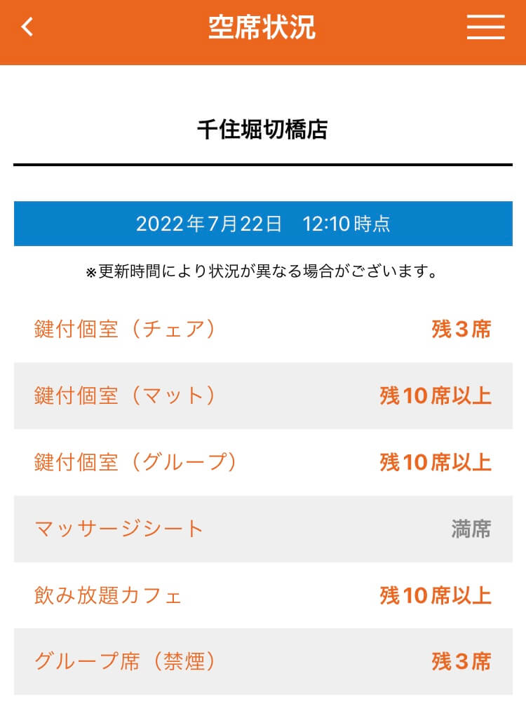 千住堀切橋店の空席状況の例です